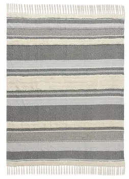 60" X 50" Cream Woven Cotton Herringbone Throw Blanket with Fringe