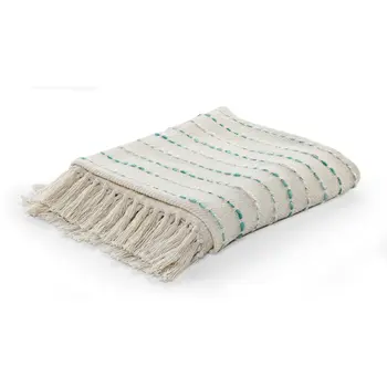 50" X 60" Cream Kantha Cotton Striped Throw Blanket with Embroidery