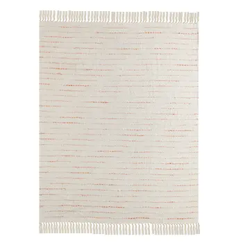 50" X 60" Cream Kantha Cotton Striped Throw Blanket with Embroidery
