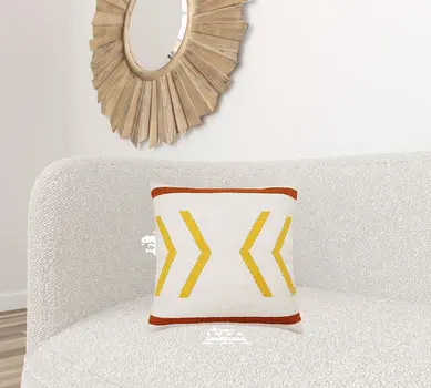 20" X 20" White Yellow And Red Orange 100% Cotton Chevron Zippered Pillow