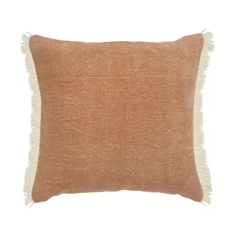 20" Orange And Tan Cotton Color Block Throw Pillow with Fringe