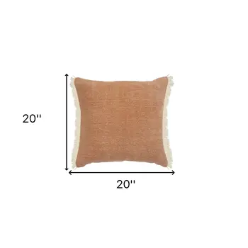 20" Orange And Tan Cotton Color Block Throw Pillow with Fringe