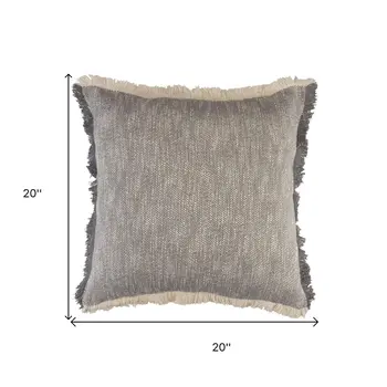 20" Gray And White Cotton Abstract Throw Pillow with Fringe