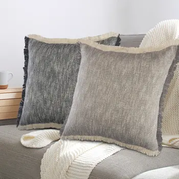 20" Gray And White Cotton Abstract Throw Pillow with Fringe