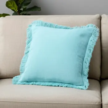 20" Light Blue Cotton Throw Pillow with Fringe