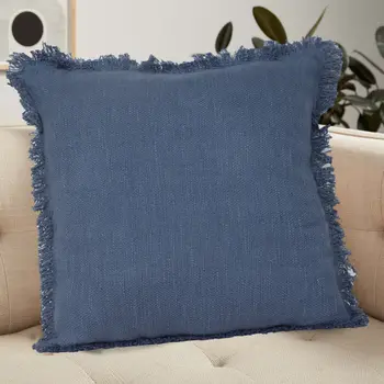 20" Navy Blue Cotton Throw Pillow with Fringe