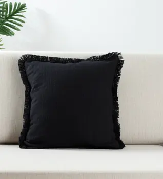 20" Black Cotton Throw Pillow with Fringe