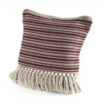 20" Maroon And Tan Cotton Striped Throw Pillow with Fringe