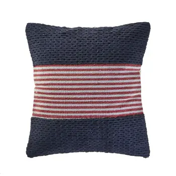 20" Blue And Red Cotton Striped Throw Pillow
