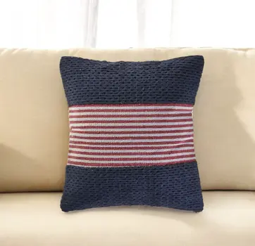 20" Blue And Red Cotton Striped Throw Pillow