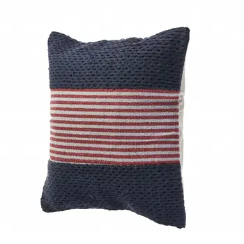 20" Blue And Red Cotton Striped Throw Pillow