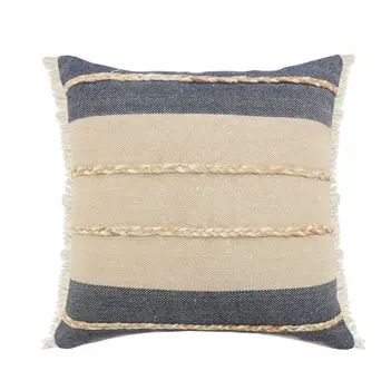 24" Denim Blue And Taupe Jute Coastal Throw Pillow with Fringe