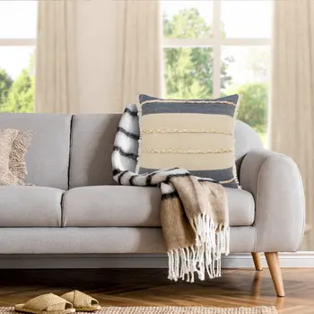 24" Denim Blue And Taupe Jute Coastal Throw Pillow with Fringe