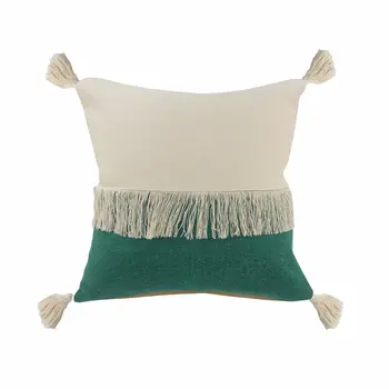 20" Emerald And White Cotton Color Block Throw Pillow with Fringe And Tassels