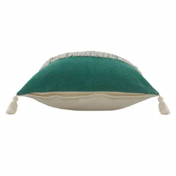 20" Emerald And White Cotton Color Block Throw Pillow with Fringe And Tassels