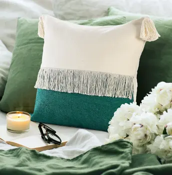 20" Emerald And White Cotton Color Block Throw Pillow with Fringe And Tassels