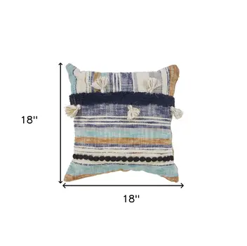 18" Blue and Beige Throw Pillow with Tassels