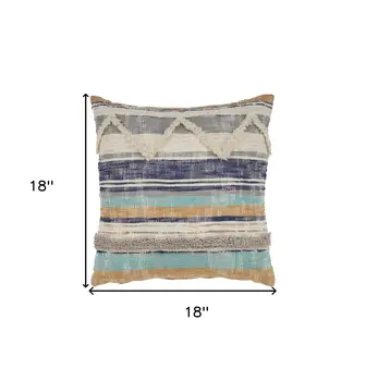 18" Beige Blue and Gray Throw Pillow