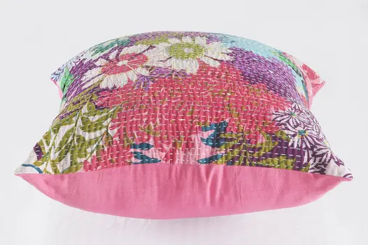 20" X 20" Blue Purple And Pink 100% Cotton Floral Zippered Pillow
