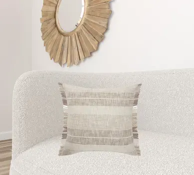 20" X 20" Cream Tan And Beige 100% Cotton Striped Zippered Pillow
