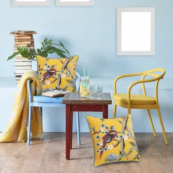 20" Blue and Yellow Bird Floral Throw Pillow with Embroidery