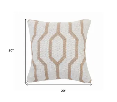20" X 20" White And Tan 100% Cotton Geometric Zippered Pillow