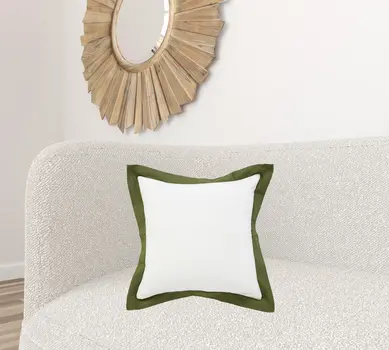 20" X 20" White And Moss Green 100% Cotton Geometric Zippered Pillow