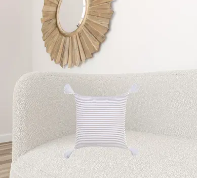 20" X 20" Beige And White 100% Cotton Striped Zippered Pillow