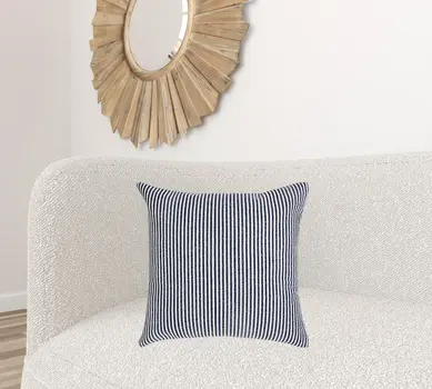 20" X 20" Blue And White 100% Cotton Striped Zippered Pillow