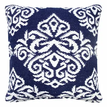 20" X 20" Blue And White 100% Cotton Damask Zippered Pillow