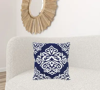 20" X 20" Blue And White 100% Cotton Damask Zippered Pillow
