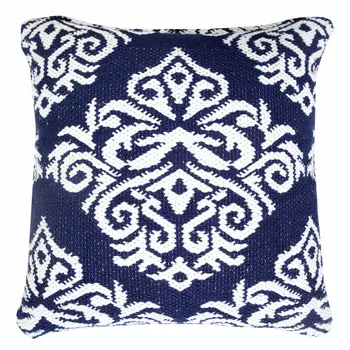 20" X 20" Blue And White 100% Cotton Damask Zippered Pillow
