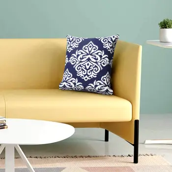 20" X 20" Blue And White 100% Cotton Damask Zippered Pillow