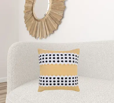 20" X 20" Yellow Black And White 100% Cotton Striped Zippered Pillow