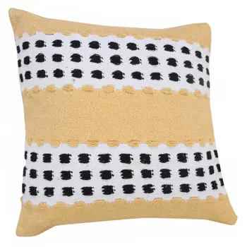 20" X 20" Yellow Black And White 100% Cotton Striped Zippered Pillow