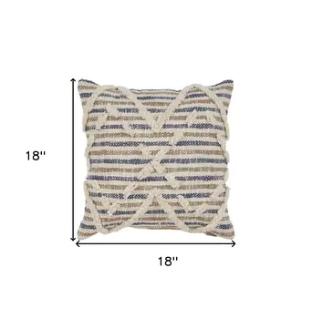 18" Blue And Beige Cotton Striped Throw Pillow