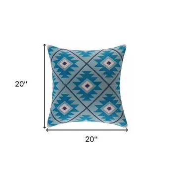 20" X 20" Blue And White 100% Cotton Geometric Zippered Pillow