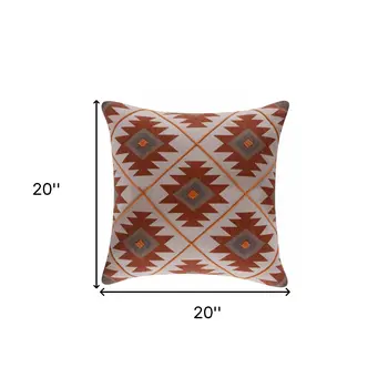 20" X 20" Rust And Off-White 100% Cotton Geometric Zippered Pillow