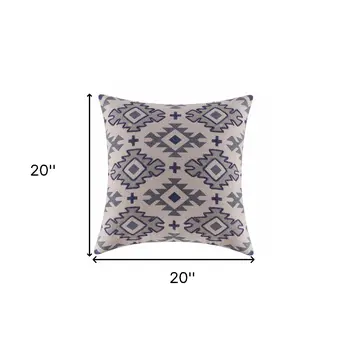 20" X 20" Blue And Gray 100% Cotton Geometric Zippered Pillow