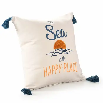 20" White Navy Blue And Yellow Fabric The sea is my happy place Text Throw Pillow with Tassels