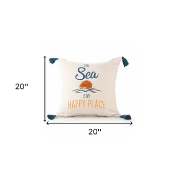 20" White Navy Blue And Yellow Fabric The sea is my happy place Text Throw Pillow with Tassels