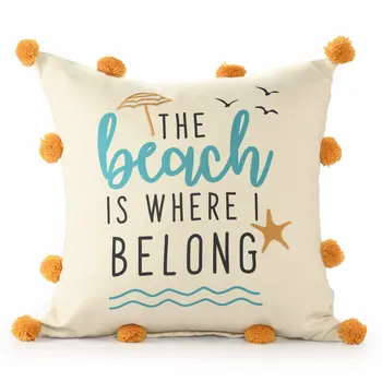 20" White Blue And Orange Fabric The beach is where we belong Text Throw Pillow with Pompoms