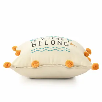 20" White Blue And Orange Fabric The beach is where we belong Text Throw Pillow with Pompoms