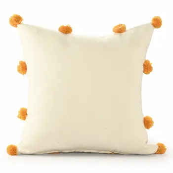 20" White Blue And Orange Fabric The beach is where we belong Text Throw Pillow with Pompoms