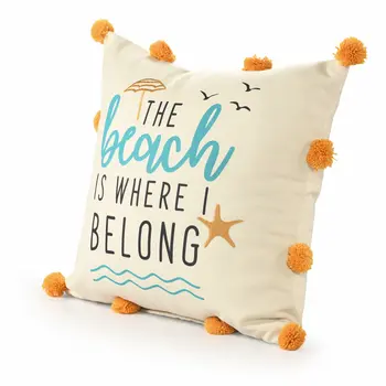 20" White Blue And Orange Fabric The beach is where we belong Text Throw Pillow with Pompoms