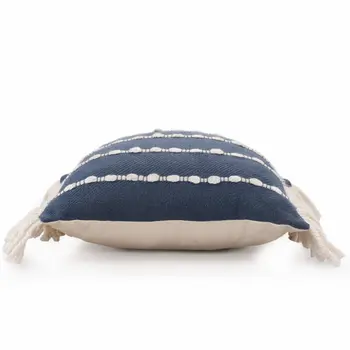 20" Navy Blue And Ivory Cotton Striped Throw Pillow with Fringe