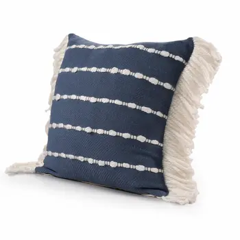 20" Navy Blue And Ivory Cotton Striped Throw Pillow with Fringe