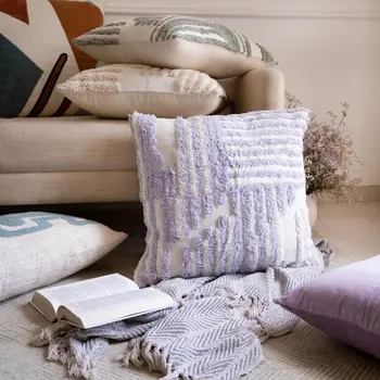 22" Purple and White Geometric Cotton Throw Pillow With Texture