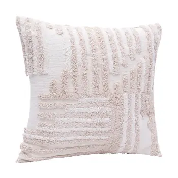 22" Beige and White Geometric Cotton Throw Pillow With Texture