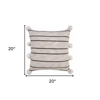 20" Beige And Black Jute Striped Throw Pillow with Pompoms
